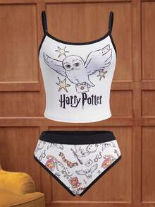 HARRY POTTER X SHEIN 女士字母卡通印花吊带背心和短裤内衣套装 - 白色 - 查看 1