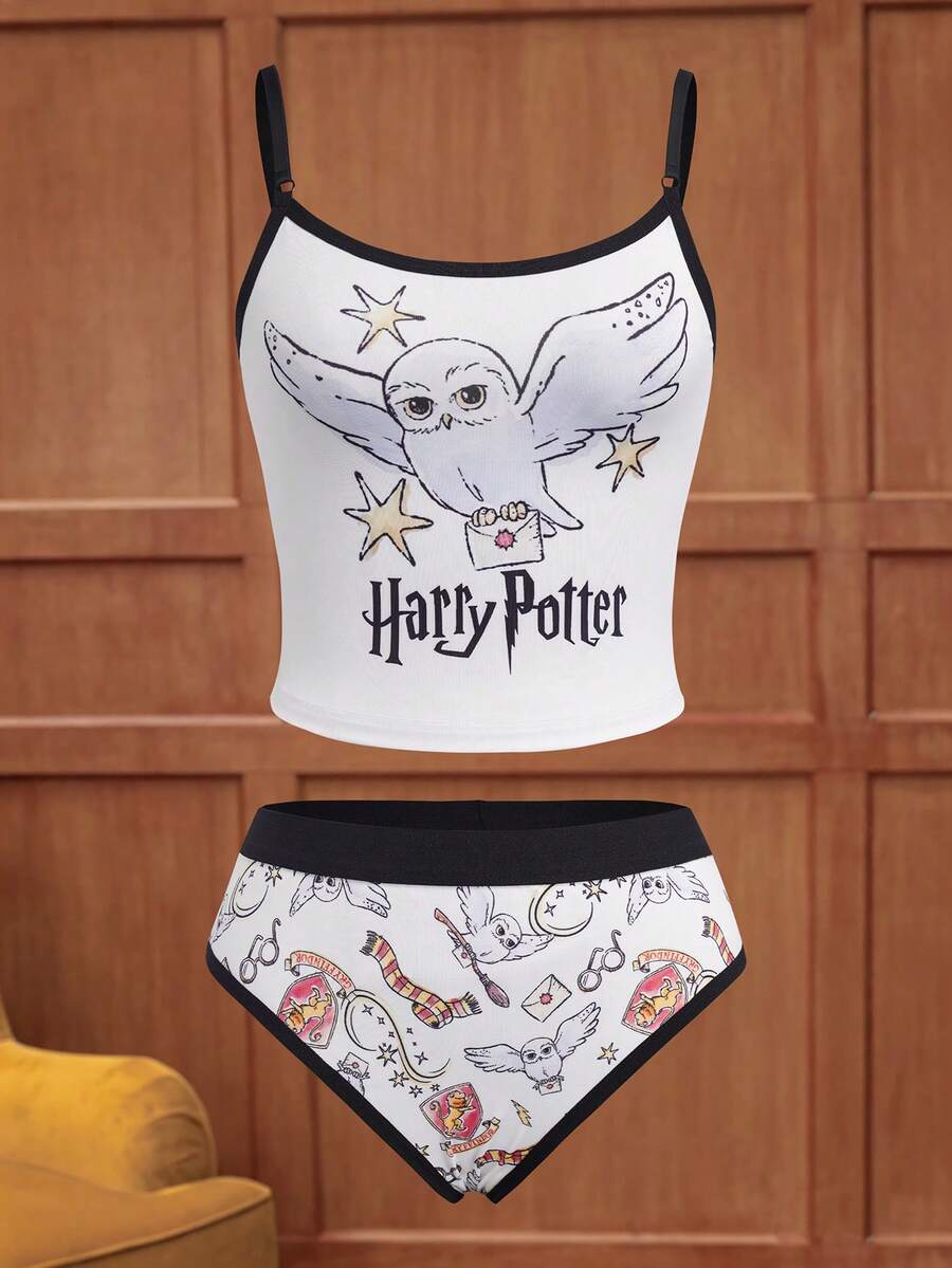 HARRY POTTER X SHEIN 女士字母卡通印花吊带背心和短裤内衣套装 - 白色 - 查看 1