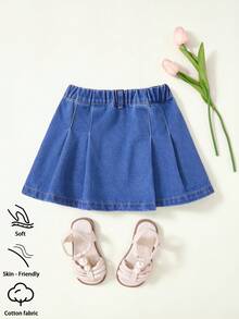SHEIN 幼女牛仔裙，輕量夏季，休閒可愛時尚街頭風，百搭，中洗藍，夏季度假，百搭極簡，彈性腰褶皺寬鬆無彈牛仔裙，柔軟舒適棉質牛仔面料，日常穿著，聚會，學校，通勤，2026夏季新品 - 中等水洗藍 - 查看 2