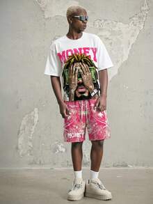 Manfinity ZONE917 Set Kaos Lengan Pendek Pria Kasual Fashion Street dengan Cetakan Huruf Personal dan Celana Pendek Pinggang Serut Samping Bergaris Kontras, Musim Panas, Liburan - Hot Pink - View 6