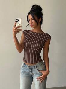 Aloruh Casual Minimalist Nautical Style Vacation Vibe Brown Base Color Rope Texture Striped Allover Print Women Short Sleeve T-Shirt Sexy Backless Top, Suitable For Spring/Summer - Multicolor - View 4