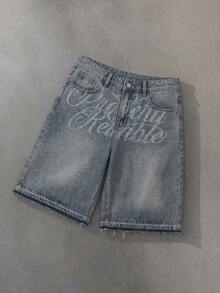 AXEPEAK Men's Washed Denim Shorts With Embroidery, Fashionable - Blue - View 2