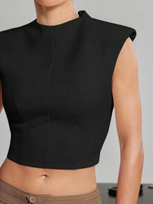 Hauture Women's Old Money Business Office Stand Collar Backless Sleeveless Top Gold Metal Closure - Black - View 4