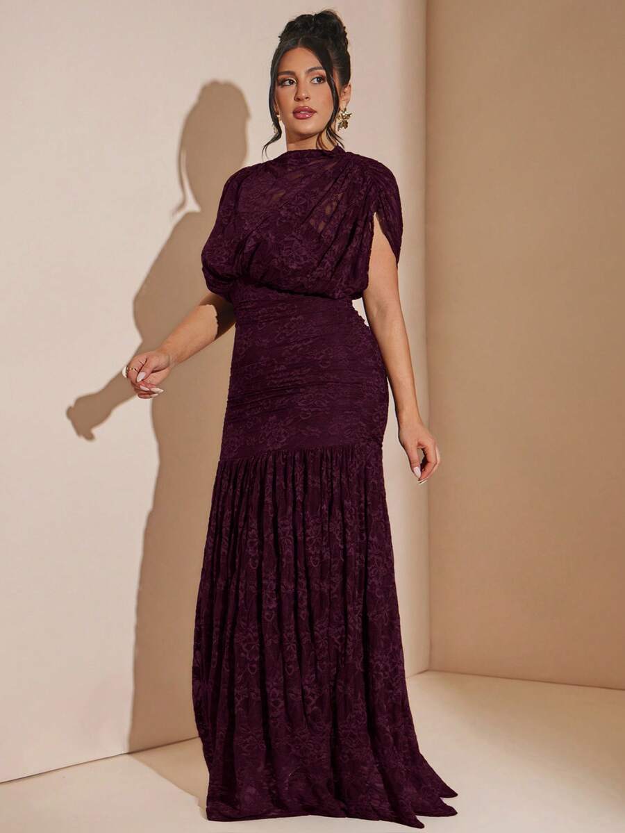 SHEIN BAE Plus Size Women Dark Purple Lace Dress Formal Wedding Winter Elegant - Red Violet - View 1