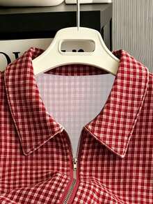 Women's Retro Plaid Zip-Up Short Sleeve Top, Summer - Light Grey - View 4