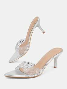 CUCCOO TILAWA Moda para mujeres, sandalias de tacón alto para mujeres, plateadas, material de TPU con pedrería, puntiagudas, para ir al trabajo, cómodas, para interiores, oficina, calle, fiesta, viajes, vacaciones, primavera y verano, adecuadas para vestidos, jeans, shorts, pantuflas de tacón de aguja - Plateado - Ver 5