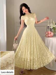 Modelyn Lace Waist Cinching A-Line Flowy Dress, Flattering For Spring/Summer Party Pale Yellow Elegent - Apricot - View 8