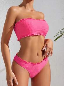 SHEIN Swim 女款紋理荷葉邊飾抹胸上衣與三角泳褲比基尼套裝 - 玫紅色 - 查看 2