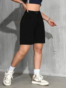 Jeanoix Plus Size Women Spring Casual Blue Non-Stretch CowgirlBermuda Shorts - Black - View 3