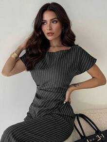 Firerie Conjunto de 2 piezas de camisa con estampado a cuadros y dobladillo asimétrico y pantalones de pierna ancha para mujer, adecuado para ir al trabajo, uso casual diario y ropa de negocios de moda/Conjunto de 2 piezas de ropa de otoño para mujer/Conjunto de 2 piezas para volver a la escuela/Conjunto de 2 piezas de ropa para profesoras - Gris Oscuro - Ver 6