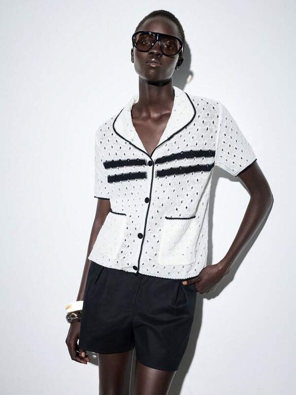 Lumivelle Contrast Color Lapel Perforated Pocket Loose Knit Cardigan
