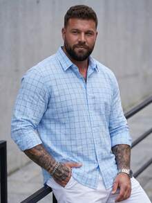 DRIVNCORE Men Plus Size Plaid Long Sleeve Single-Breasted Casual Commuter Shirt, Fall - Blue - View 4
