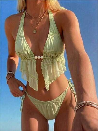 Swim Mod Yeni Payetli Yeşil Bikini Mayo Kadınlar İçin, Seksi Plaj Tatili ve Randevu Kıyafeti, İlkbahar/Yaz