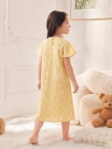SHEIN Váy mùa hè dệt họa tiết hoa viền ren phong cách thường ngày cho bé gái - Màu vàng - Xem 2