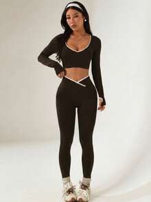 Dewbera Dewbera Set de 2 piezas de ropa deportiva sin costuras de color contrastante para mujer - Marrón - Ver 4