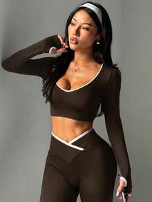Dewbera Dewbera Set de 2 piezas de ropa deportiva sin costuras de color contrastante para mujer - Marrón - Ver 5