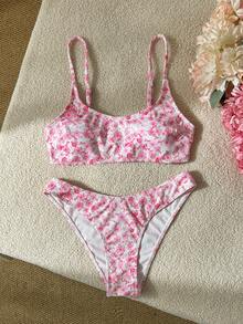 Swim Mod Set Pakaian Renang Wanita, Bikini Dua Potong Motif Bergaris Acak, Pakaian Renang Seksi Kasual untuk Liburan Pantai dan Pesta Kolam Renang - Hot Pink - View 2