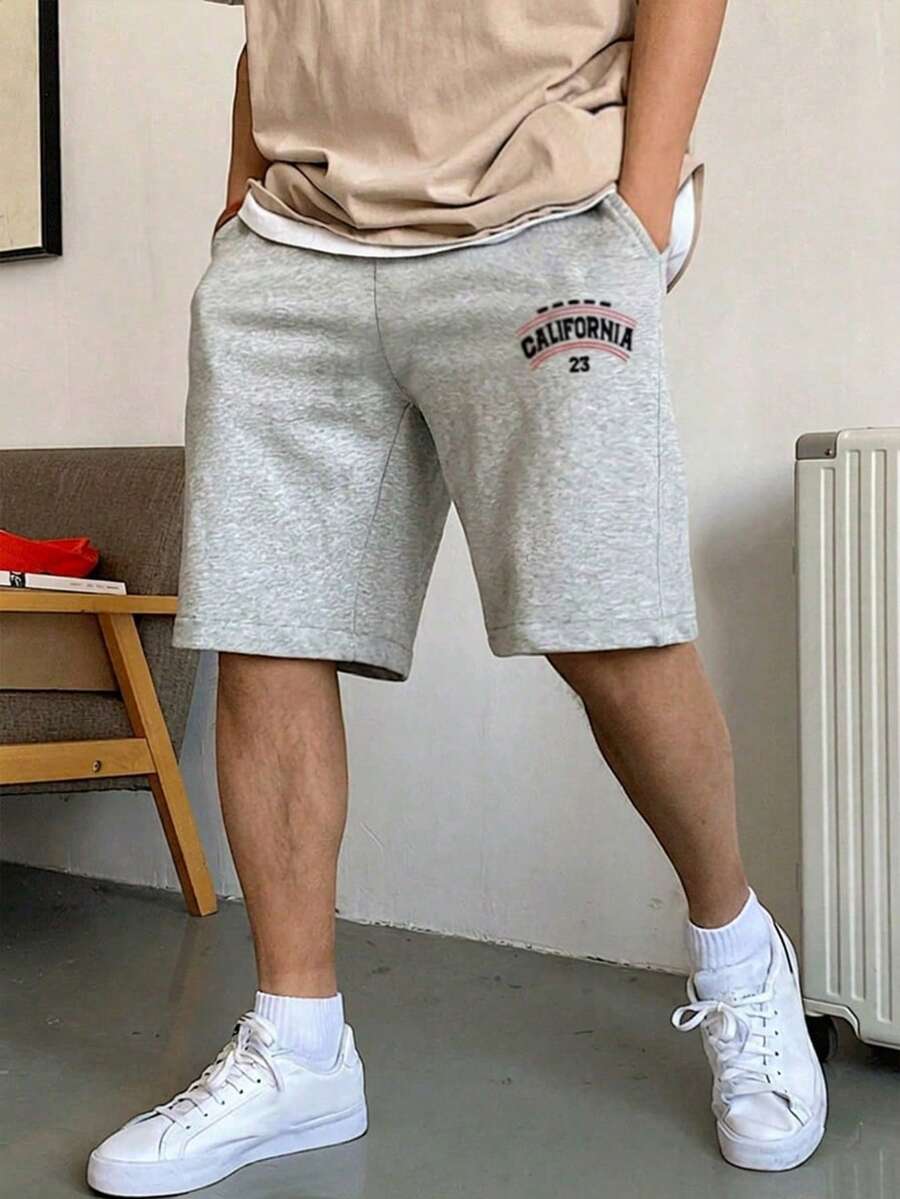 SHEIN 青少年男孩休閒字母印花灰色花卉短褲附口袋，適合生日派對、晚會、表演、婚禮、洗禮、開幕典禮，日常穿著、上學、旅行、運動，適合春夏季穿搭