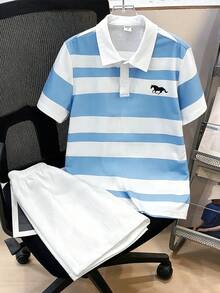 SHEIN 男童休闲条纹领 Polo 衫和白色短裤运动裤套装（2 件/套），适合返校、生日、派对、婚礼、洗礼、开幕式、旅行、运动、春夏等多种场合。 - 藍色 - 查看 2