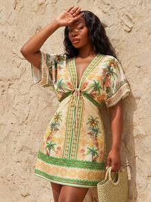 SHEIN SXY Đầm nữ cỡ lớn in họa tiết cây cọ, tay cánh dơi, thắt nơ phía trước, kiểu dáng thường ngày. - Nhiều màu - Xem 4