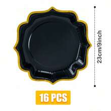 Black Gold-Plated Square Petal Shaped Disposable Dining Plate Napkins Paper Cups, Disposable Party Supplies Set, Suitable For 16 Guests, Suitable For Birthdays, Weddings, Theme Parties, Family Picnics, Disposable Dining Plate Party Utensils - View 8