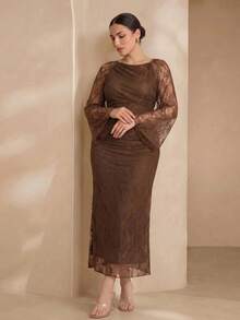 Graceveil Elegant Solid Color Lace Asymmetric Collar Long Sleeve Ruched Fitted Regular Spring/Summer Plus Size Dress - View 5
