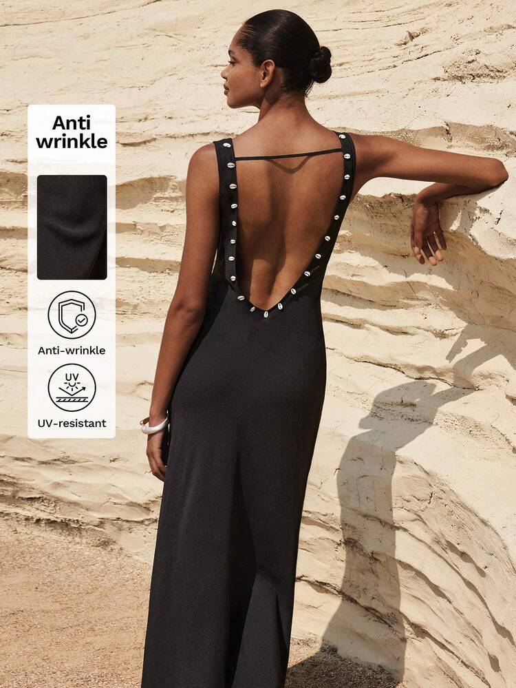 SHEIN Maija Women's Elegant Summer Sleeveless V-Neck Long Dress,Backside Shell Design,Black And White Party Night Vintage Old Money Fashion Graduation Attire
