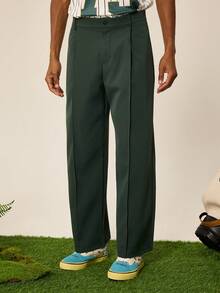Tonviero Men's Solid Color Toothpick Stripe Design Loose Fit Casual Pants Wide Leg Pants - Army Green - View 1