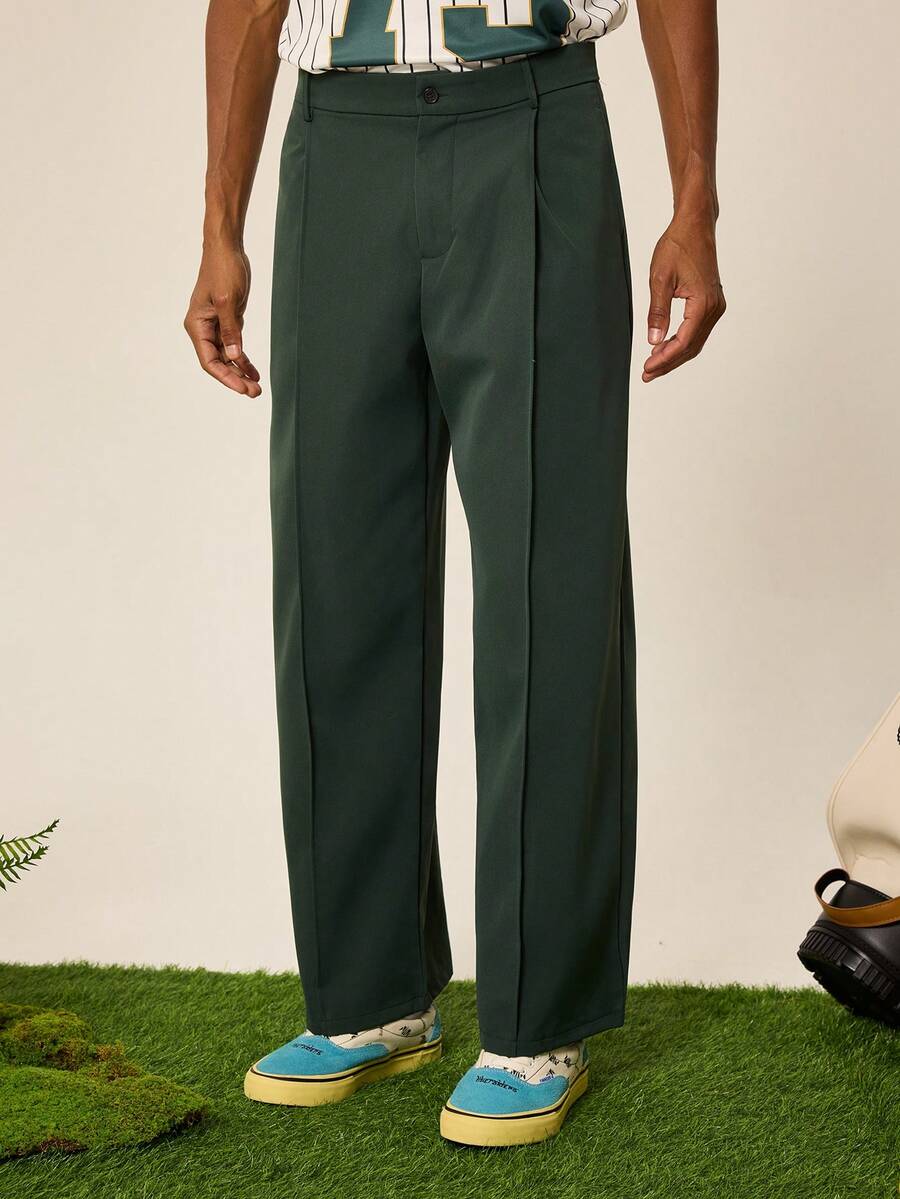 Tonviero Men's Solid Color Toothpick Stripe Design Loose Fit Casual Pants Wide Leg Pants - Army Green - View 1