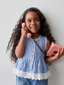 SHEIN X GALILEA Maija Kids Maija Kids 女童夏季休闲格子拼接前扣吊带背心 - 藍白色 - 查看 1