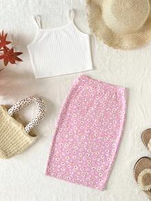 Emery Rose Kids Emery Rose Kids 2件組少女針織素色吊帶上衣與碎花休閒裙套裝 - 彩色 - 查看 6