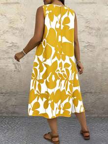 SHEIN LUNE CURVE Plus Size Round Neck Sleeveless All-Over Print Loose Casual Summer Dress - Yellow - View 2