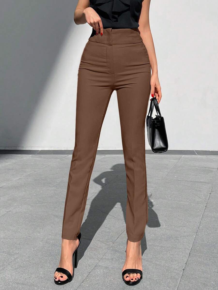 EURMUSE Solid Zipper Fly Skinny Pants - Chocolate Brown - View 1