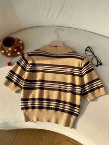 Muchica Regular-Shoulder Short Sleeve Half-Placket Casual Striped Knit Sweater - Camel - View 2