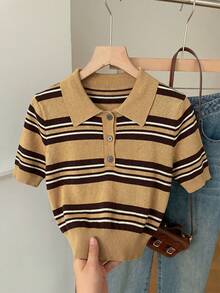 Muchica Regular-Shoulder Short Sleeve Half-Placket Casual Striped Knit Sweater - Camel - View 6