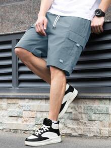 Manfinity Homme Men's Drawstring Waist Pocket Casual Cargo Shorts, Versatile Daily Wear - Gray Blue - View 4