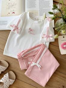 SHEIN 2件組女嬰幼兒0-3歲休閒百搭街頭風黑色T恤與長褲套裝 - 粉色 - 查看 7