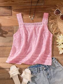 Rusticease Plus Size Women's Spring/Summer Casual Vacation Lace Patchwork Spaghetti Strap Open Back Embroidered Pink  Blouse - Pink - View 2