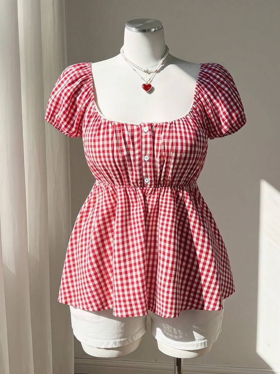 Sweetra Áo kiểu babydoll tay cánh hoa kẻ caro đỏ mùa hè mới, xếp ly eo, ngọt ngào và tôn dáng. - Đỏ - Xem 1