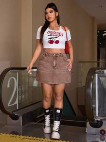SHEIN ICON Plus Size Solid Color Casual Denim Mini Skirt - Rust Brown - View 7
