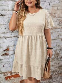 SHEIN LUNE Plus Size Solid Color Round Neck Embroidered Casual Short Sleeve Dress, Summer - Apricot - View 5