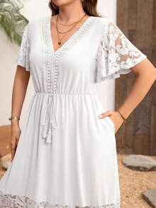 SHEIN Clasi Plus Size Elegant Lace Patchwork V-Neck Bohemian Style Dress - White - View 3