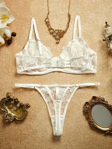 PinupPomp 2pcs/Set Women's Mesh Embroidered Lingerie Set - White - View 2