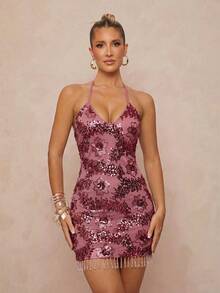 Lumalex Vestido con cuello de halter, cintura con lazo y dobladillo con flecos con detalles bordados y lentejuelas para mujer - Rosa - Ver 2