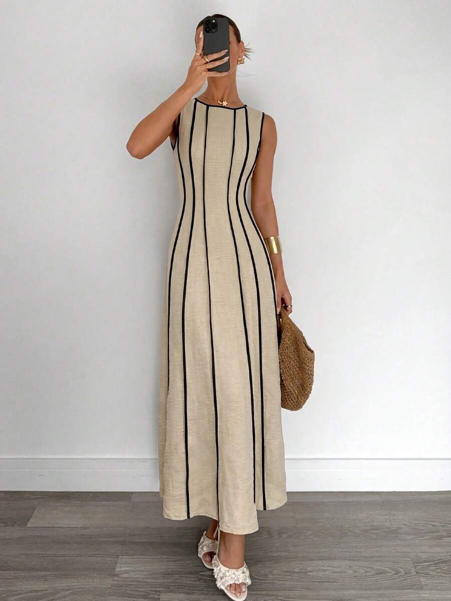 Siren Gaze New Summer Sleeveless Linen Maxi Dress With Beige Detail Slimming Fit - Versatile Style For Bohemian Elegant Beach Vacation Or Daily Commuting