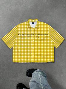 Manfinity EMRG Áo sơ mi nam tay ngắn cài cúc họa tiết kẻ caro vàng & trắng, áo cổ casual street camping, in số 7 phong cách distressed & slogan, dáng rộng, áo cardigan cài cúc, áo sơ mi nam casual kẻ caro vàng & trắng - Nhiều màu - Xem 2