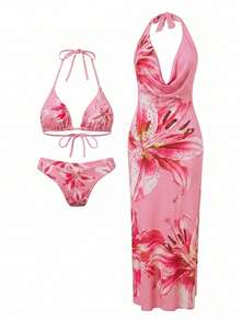 Sirith 3pcs/Set Premium Printed Spaghetti Strap Halter Bikini Top, V-Cut Bottoms & Long Flowy Printed Mesh Cover Up - Multicolor - View 2