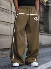 Men's Wide Leg Printed Drawstring Waist Street Pants, Fall Wide Leg - Rust Brown - View 3