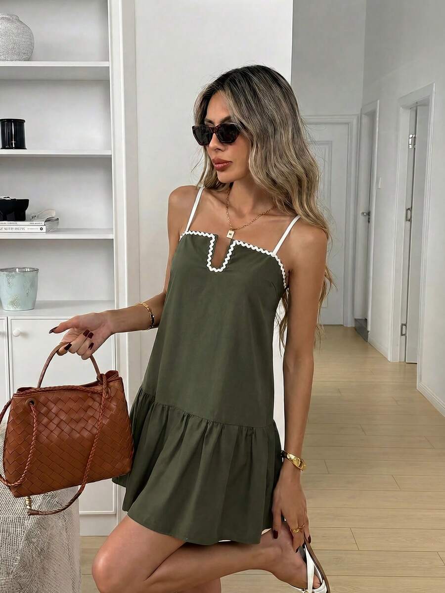 Easowa Color Block Square Neck Ruffle Hem A-Line Dress, Casual Loose Elegant Commuter Vintage Style Mini Dress For Women, Spring/Summer - Green - View 1