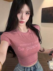 DAZY Women's Casual Printed Short Sleeve Fitted T-Shirt, Summer - Hot Pink - View 9